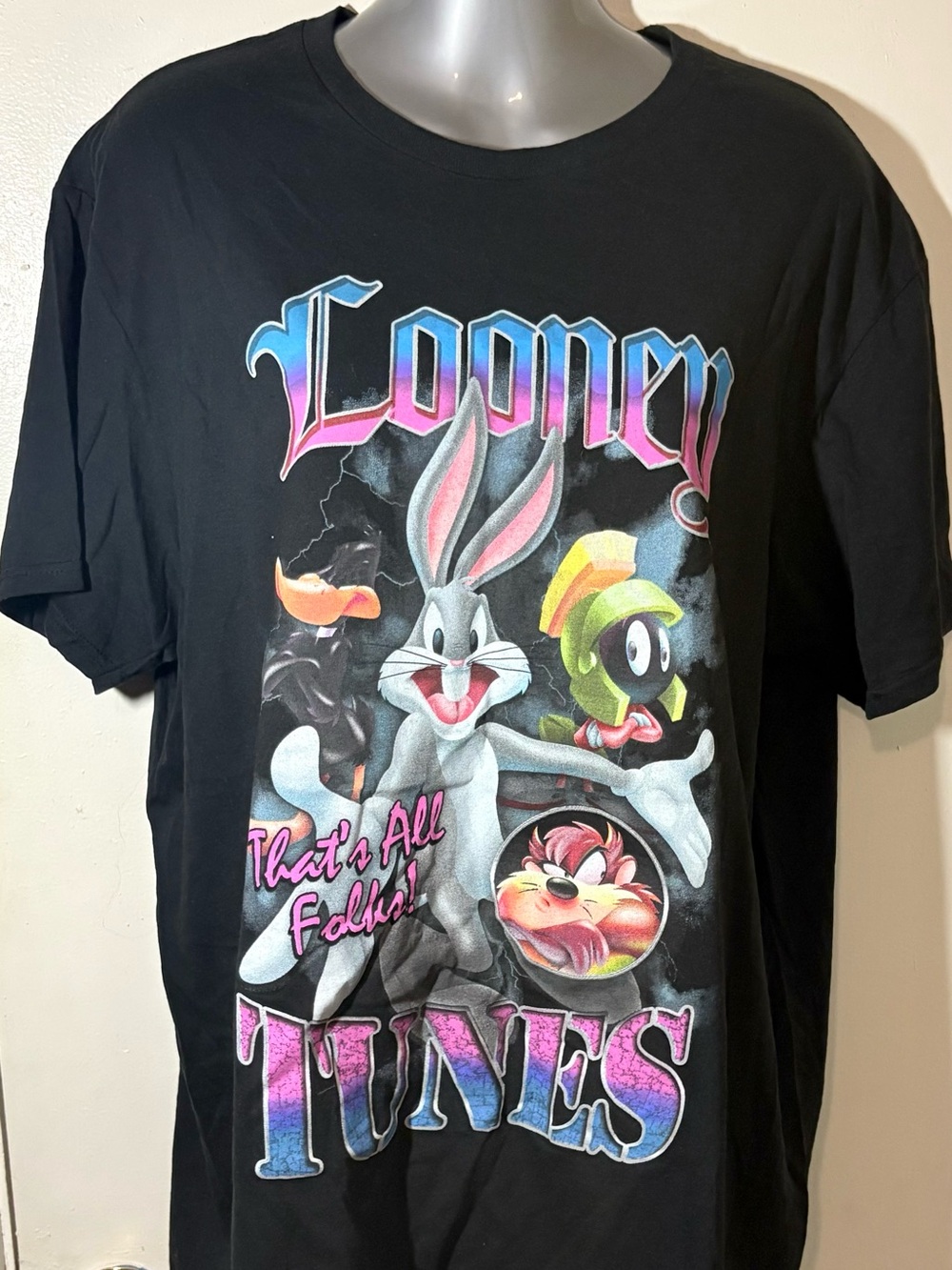 Warner Bros Looney Tunes Unisex Black Graphic Tee Pink & Blue Lettering